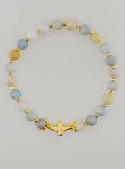 Bracelet en Pierre d'Aigue Marine & Croix - 6mm