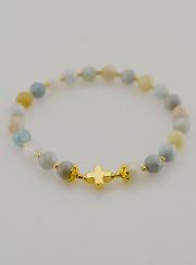 Bracelet en Pierre d'Aigue Marine & Croix - 6mm
