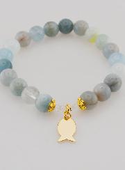 Bracelet en Pierres d’Aigue-Marine 8mm & Ichthus Doré