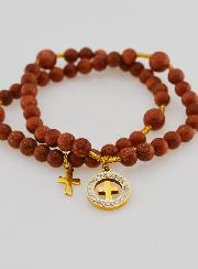 Bracelet Chapelet en Pierre de Soleil - Médaille Croix & Zircons