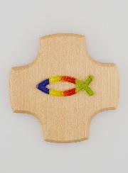 Croix en Bois d'Erable & Poisson Ichtus en Verre - 9cm