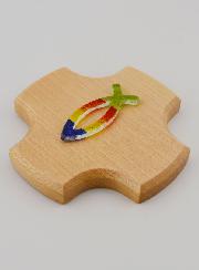 Croix en Bois d'Erable & Poisson Ichtus en Verre - 9cm