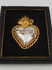 Ex Voto Mural Or & Argent sur Velours - Coeur Fleuri 18cm