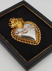 Ex Voto Mural Or & Argent sur Velours - Coeur Fleuri 18cm