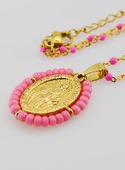 Médaille Miraculeuse Perlée + Chaîne Perles Rose