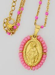 Médaille Miraculeuse Perlée + Chaîne Perles Rose