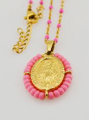 Collier Religieux Perlé & Médaille Miraculeuse - Rose