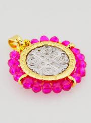 Médaille de Saint Benoît en Laiton & Verre Fuchsia