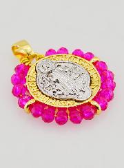 Médaille de Saint Benoît en Laiton & Verre Fuchsia