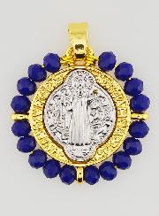 Médaille de Saint Benoît en Laiton & Verre Bleu