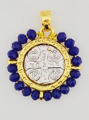 Médaille de Saint Benoît en Laiton & Verre Bleu