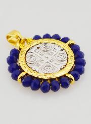 Médaille de Saint Benoît en Laiton & Verre Bleu