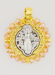 Médaille de Saint Benoît en Laiton & Verre Rose