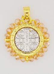 Médaille de Saint Benoît en Laiton & Verre Rose