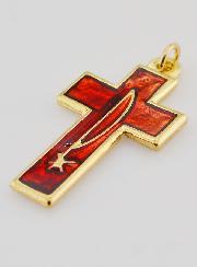 Pendentif Croix Métal & Émail Rouge
