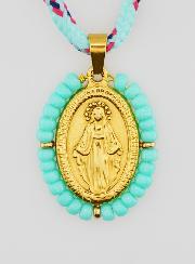 Médaille Miraculeuse Perles Vertes & Cordon