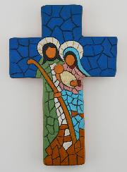 Croix en Céramique Sainte Famille Bleu - 15cm