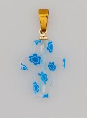 Pendentif Croix en Verre Artisanale - Blanc & Bleu