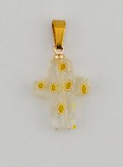 Pendentif Croix en Verre Artisanal - Fleurs Jaunes