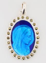 Médaille Sainte Vierge Marie en Argent et Email Bleu - 30mm