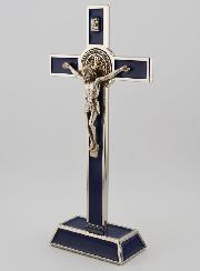 Crucifix Croix de Saint Benoit sur Socle - 20cm - Métal Bleu