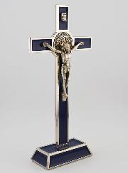 Crucifix Croix de Saint Benoit sur Socle - 20cm - Métal Bleu
