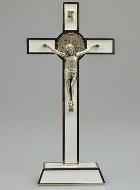 Crucifix Croix de Saint Benoit sur Socle - 20cm - Métal Blanc