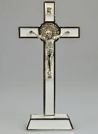 Crucifix Croix de Saint Benoit sur Socle - 20cm - Métal Blanc