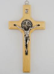 Crucifix Croix de Saint Benoit en Bois Ton Clair - 21cm