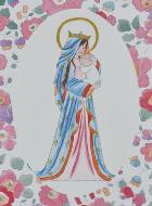 Carte de Baptême - Vierge Couronnée au Lys - Fleurs Rose