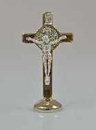 Croix de Saint Benoît Argenté sur Socle - Marron