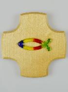 Croix Enfant en Bois d'Erable - Poisson Ichtus en Verre