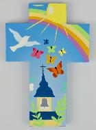 Croix Enfant en Bois Eglise Papillons et Arc-en-ciel  15 cm