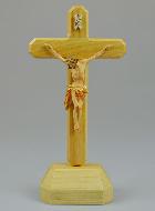 Crucifix du Christ Peint à la Main et Bois Clair sur Socle - 23 cm