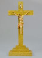 Crucifix du Christ Peint à la Main et Bois Clair sur Socle - 25 cm