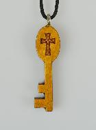 Pendentif Clé du Paradis et Croix en Bois Vernis Sculpté - 4 cm