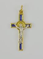 Pendentif Croix de Saint Benoit Dorée - Bleu - 4cm