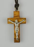 Pendentif Croix en Bois d'Olivier avec Christ Argenté