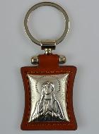 Porte-Clés de Notre Dame de Lourdes en Cuir Marron et Médaille Argent