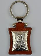 Porte-Clés de Notre Dame de Lourdes en Cuir Marron et Médaille Argent